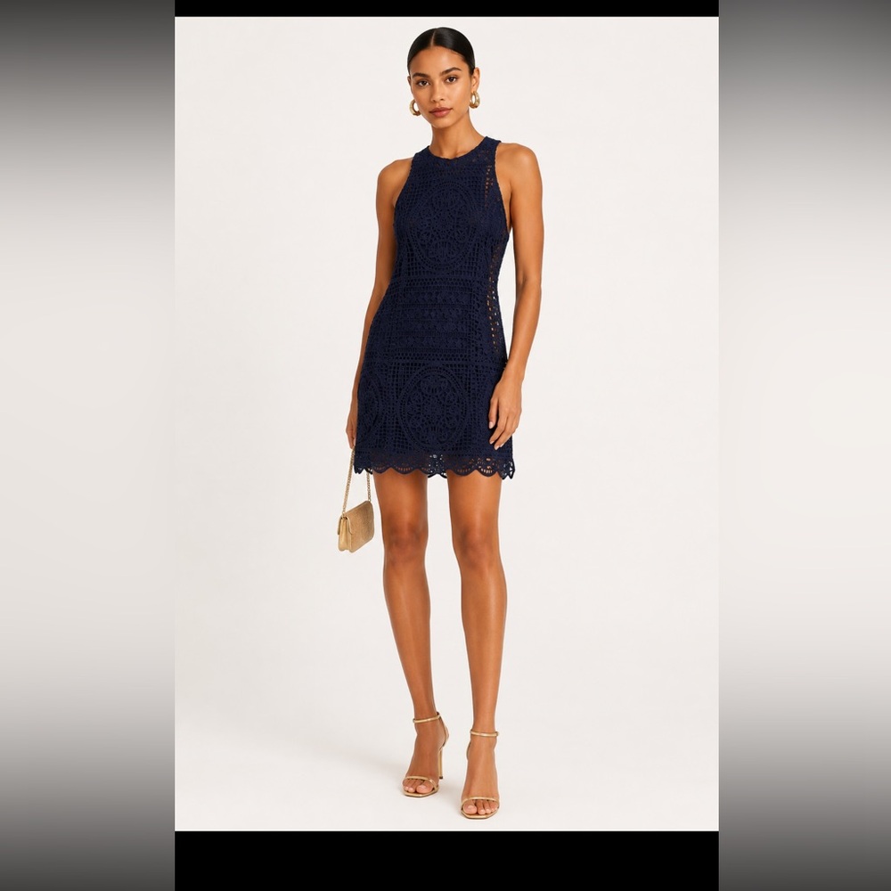 Lovers + Friends Caspian shift dress in navy blue. Lace embroidered hem size M